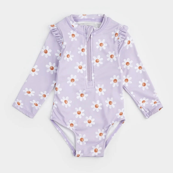 Petit Lem - Daisy Print On Lavender Long-Sleeve Swimsuit