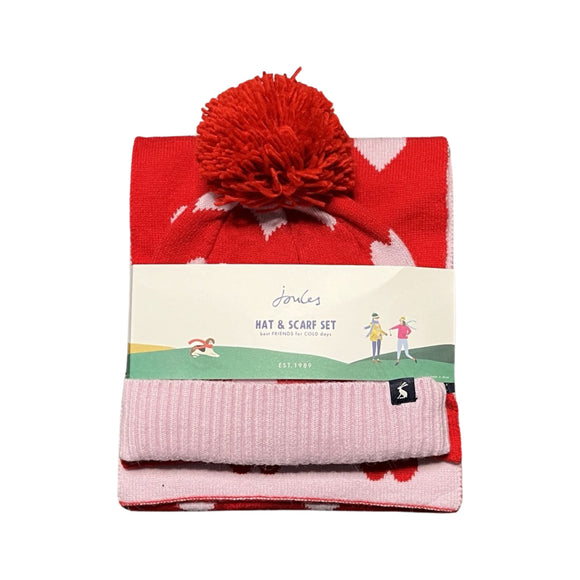 Joules Snowy Red Heart Scarf and Hat Set
