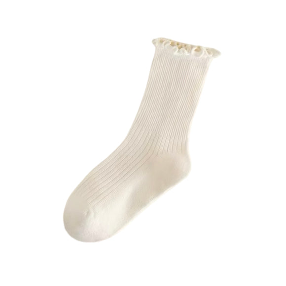 Ribbed Lettuce Trim Midi Socks - Ivory