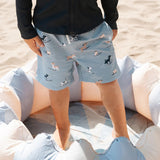 Petit Lem Surfing Pups Print on Blue Swim Trunks