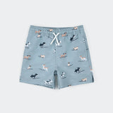 Petit Lem Surfing Pups Print on Blue Swim Trunks