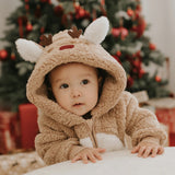 Petit Lem Littlest Reindeer on Taupe Sherpa Playsuit