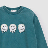 Miles Emoticons Print on Blue Acid Wash Fleece Sweatshirt