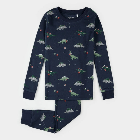 Petit Lem Holiday Dinosaur Print on Navy PJ Set