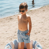 Petit Lem Surfing Pups Print on Blue Swim Trunks