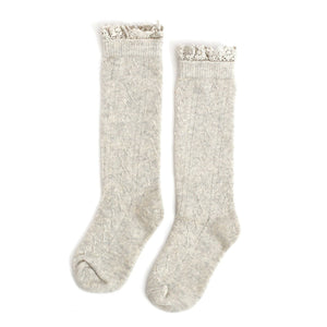 Little Stocking Co - Heathered Ivory Fancy Lace Top Knee High Socks