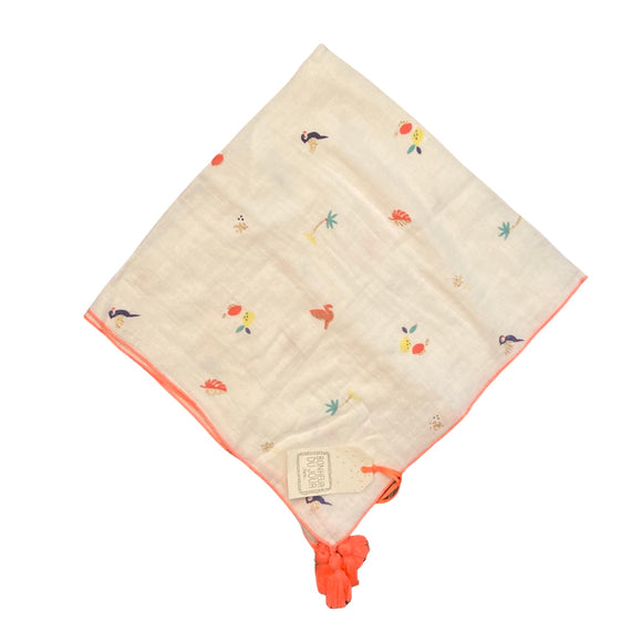 Bonheur Du Jour White Embroidered Scarf with Tassels - Tropical