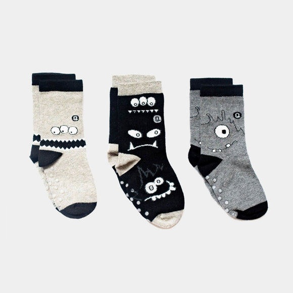 Q for Quinn Mixed Patterns Kids Organic Cotton Socks (3-pack) - Monochrome Monsters